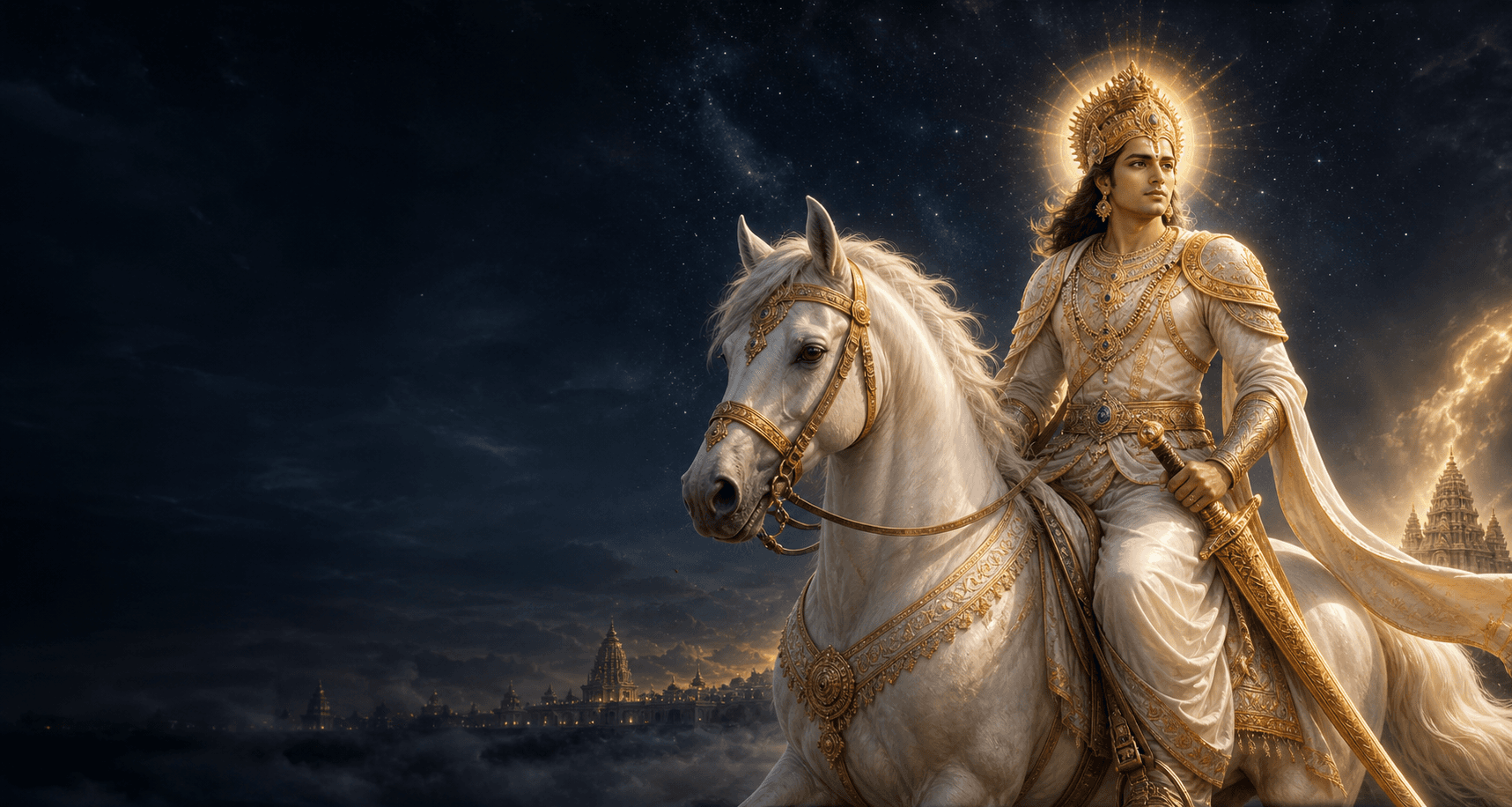 Artistic depiction of Lord Kalki riding a white horse